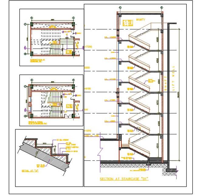 Multi-Storey Building Staircase CAD Design- Floor Plans & Sections